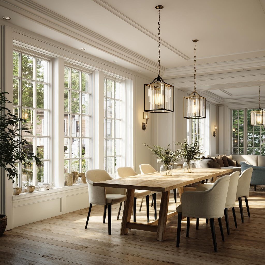 Elegant pendant ceiling lights dining room enhancing bright modern space