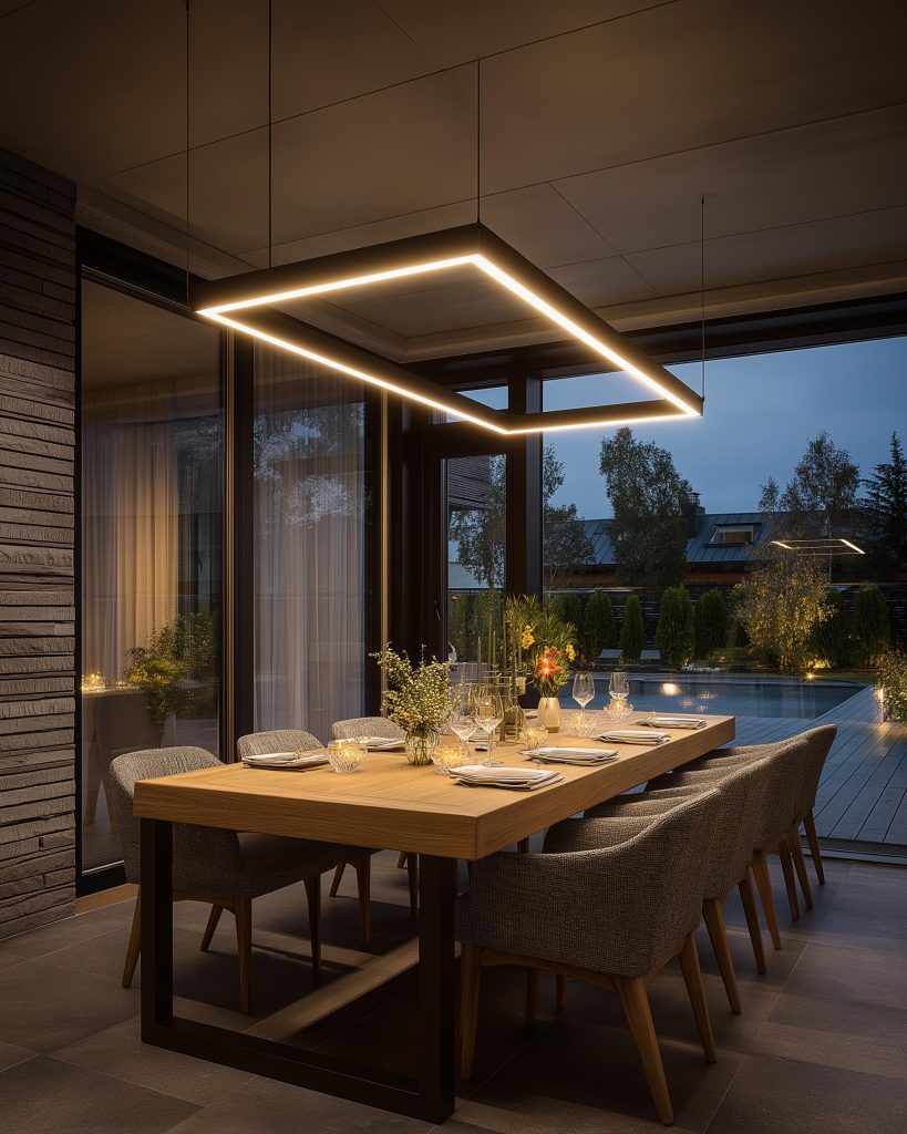Modern dining room ceiling lights enhance sleek contemporary dinner spaces