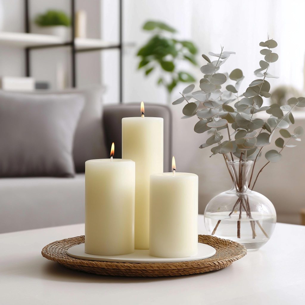 Aesthetic room decor cheap featuring a trio of lit pillar candles on a woven tray