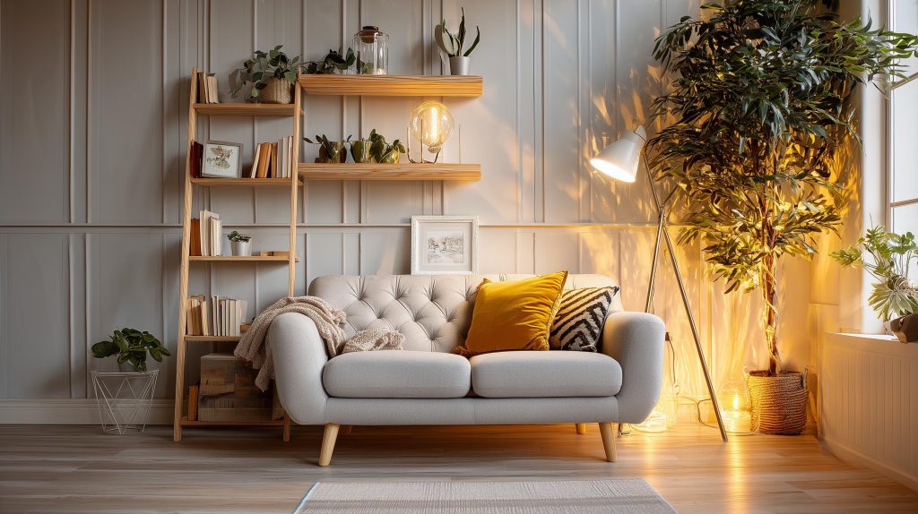 Cheap room decor featuring a gray paneled wall, shelving, and warm lighting
