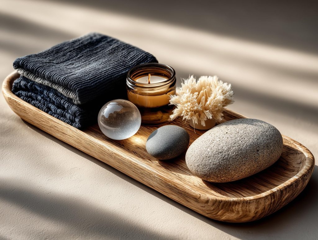 Cheap diy room decor ideas featuring a wooden tray with candles, stones, and spa accessories