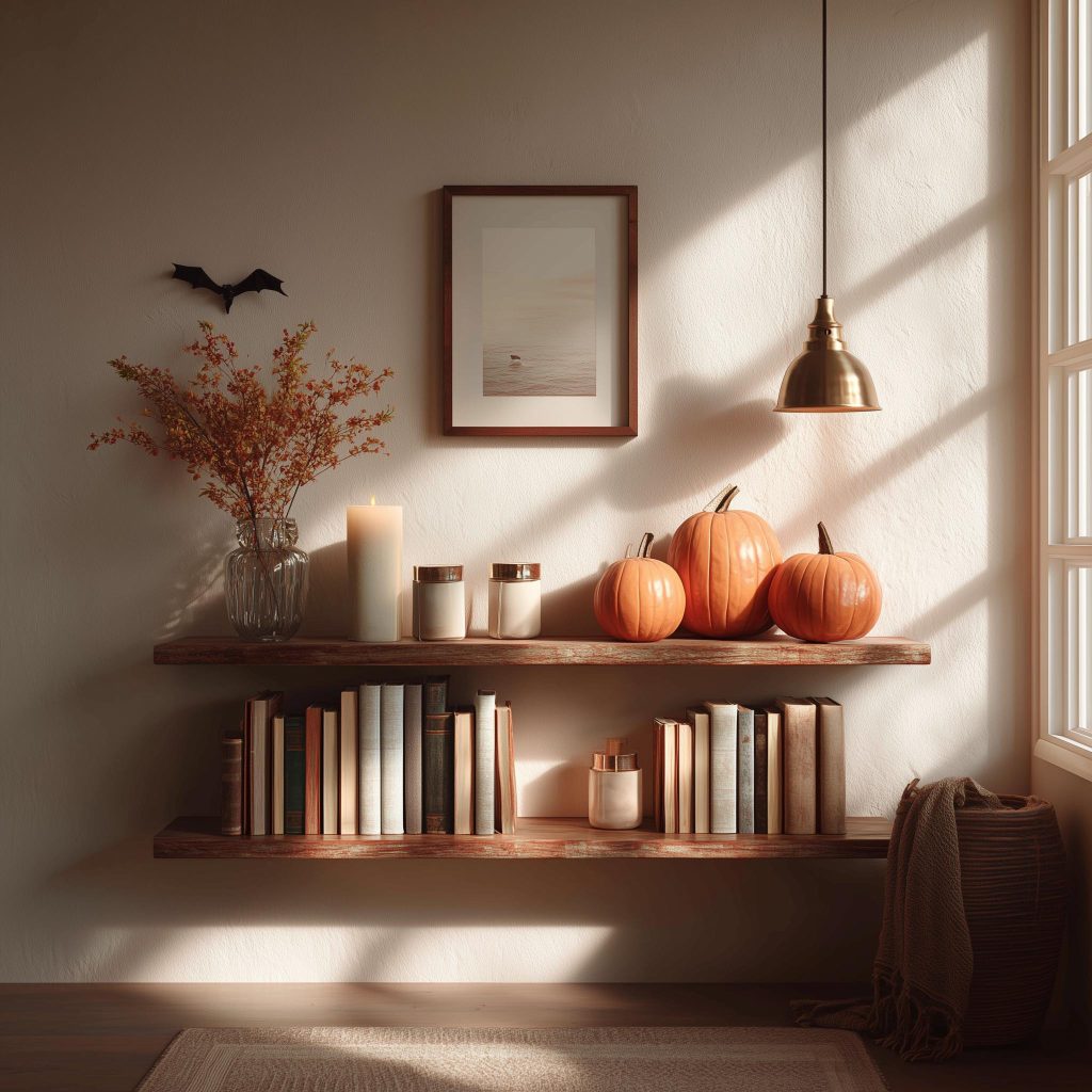 Cheap ways to decorate living room using autumn-themed floating shelves with pumpkins and books