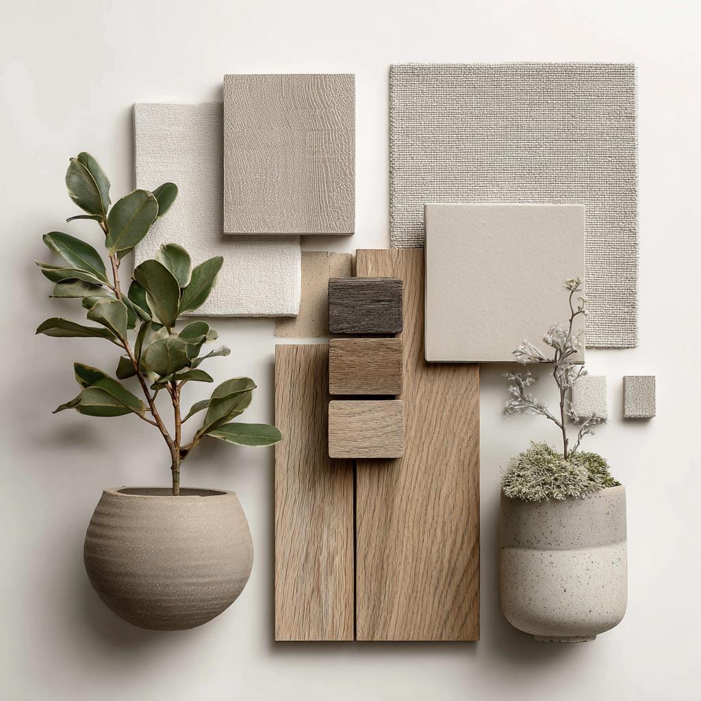 Cheap diy room decor ideas showing a flat lay of neutral material samples and plants