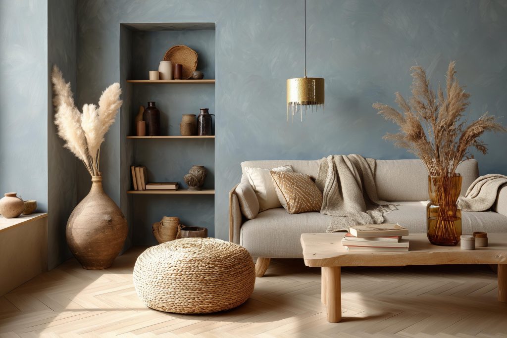 Cheap living room decor ideas featuring a textured blue wall and pampas grass