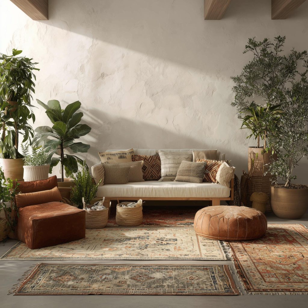Cheap ways to decorate living room using layered rugs and large indoor plants.