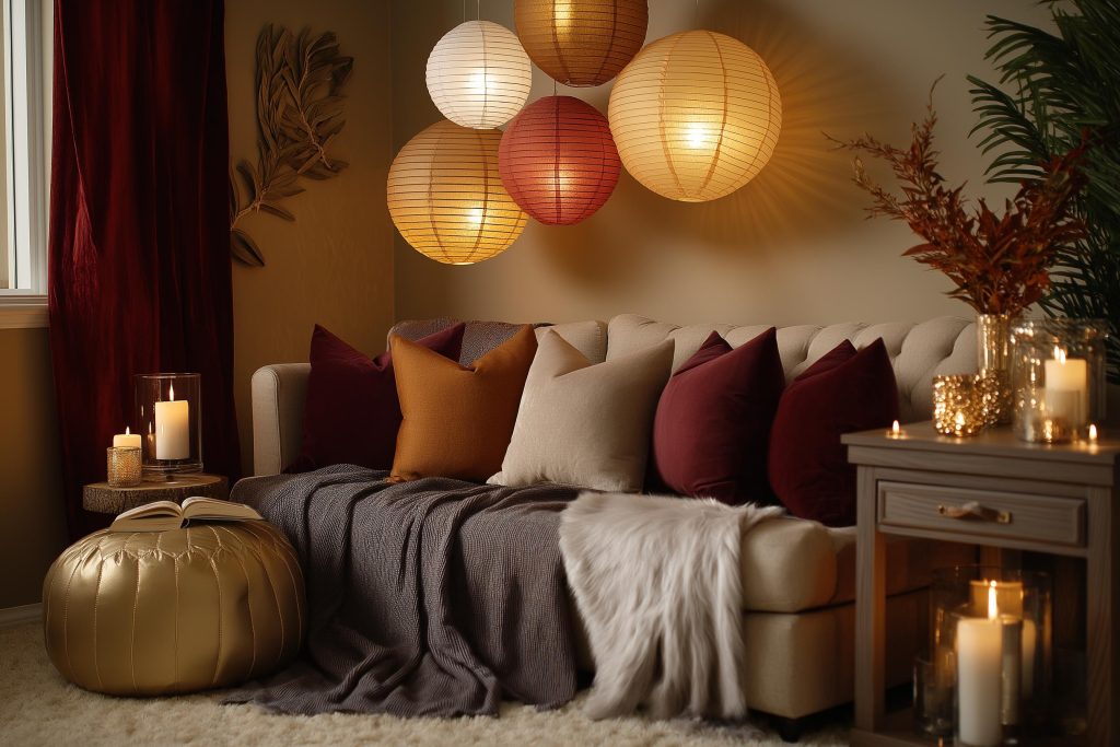 Cozy lanterns and warm cushions for aesthetic room decor cheap.