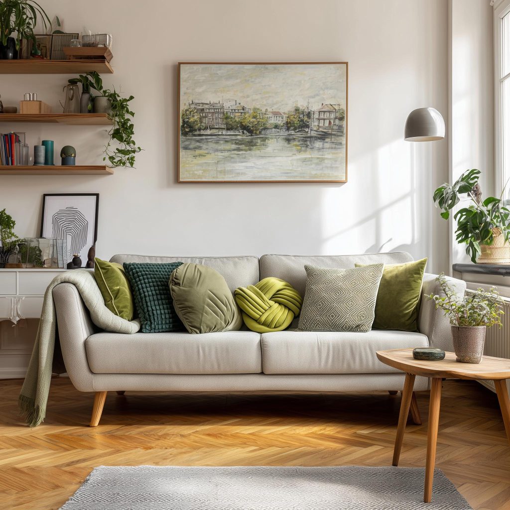 Cheap living room decor ideas with green accent pillows and botanical art