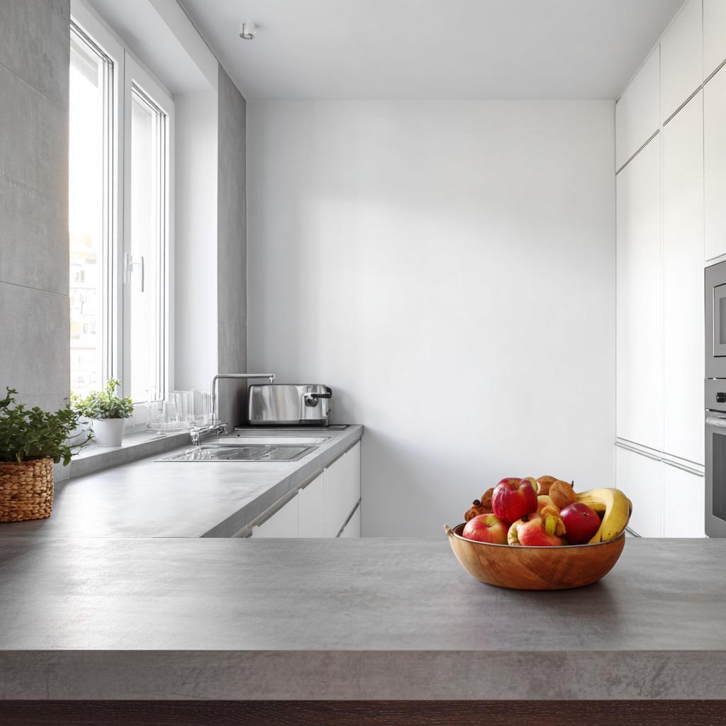 Cheap room decor ideas featuring a clean kitchen counter with a bowl of fresh fruit.
