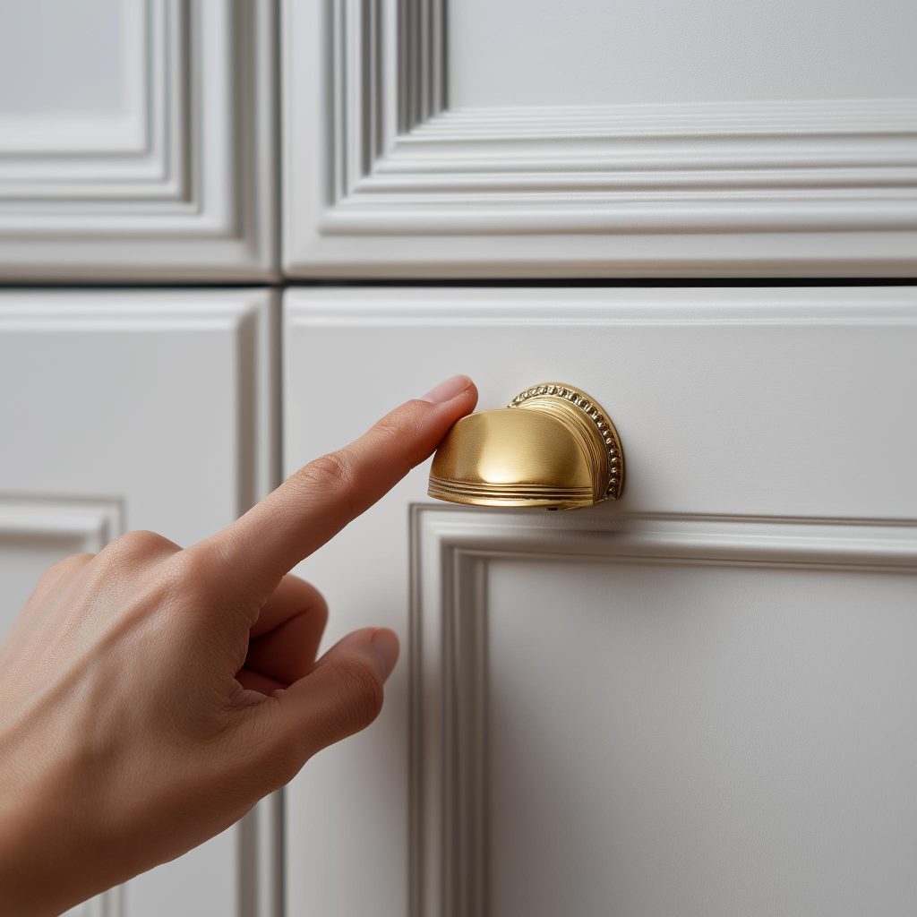 Cheap room decor items showing a gold cabinet knob upgrade on white drawers