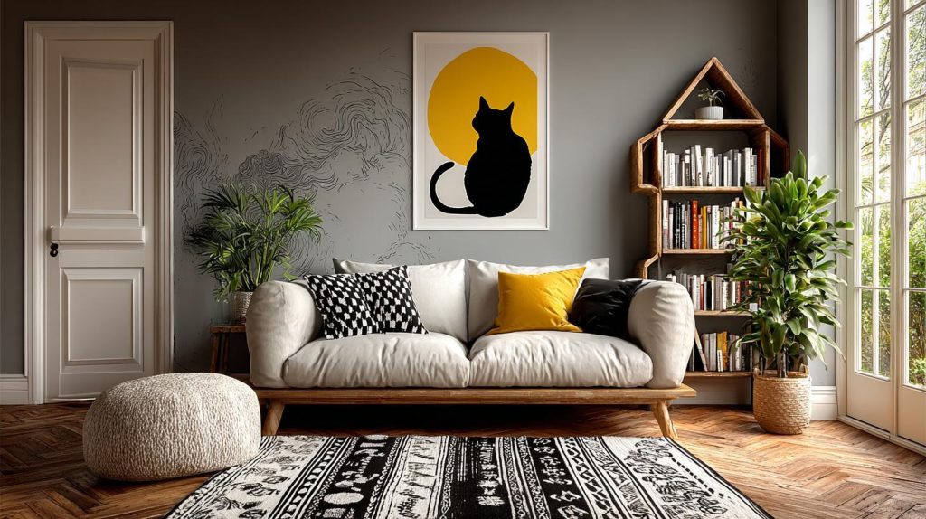Cheap wall decor for living room featuring a cat silhouette print and a house-shaped shelf