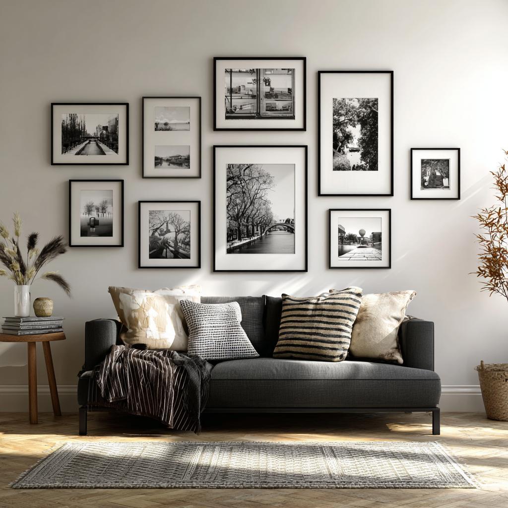 Cheap wall decor for living room featuring a large black-and-white photo gallery wall