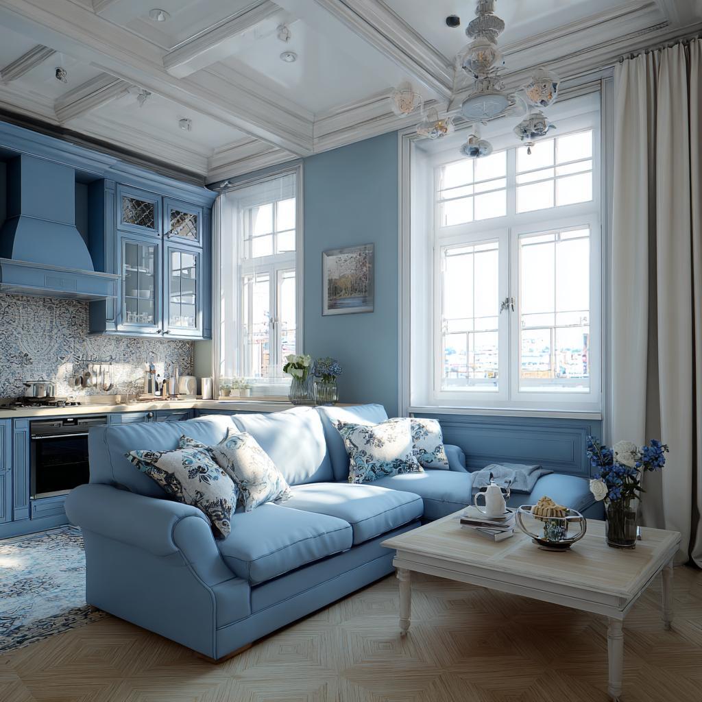 Colour combination for light blue elegant living room