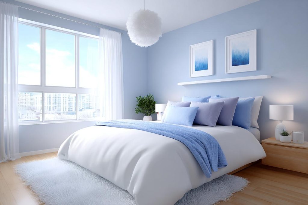 Light blue and dark blue combination bedroom interior