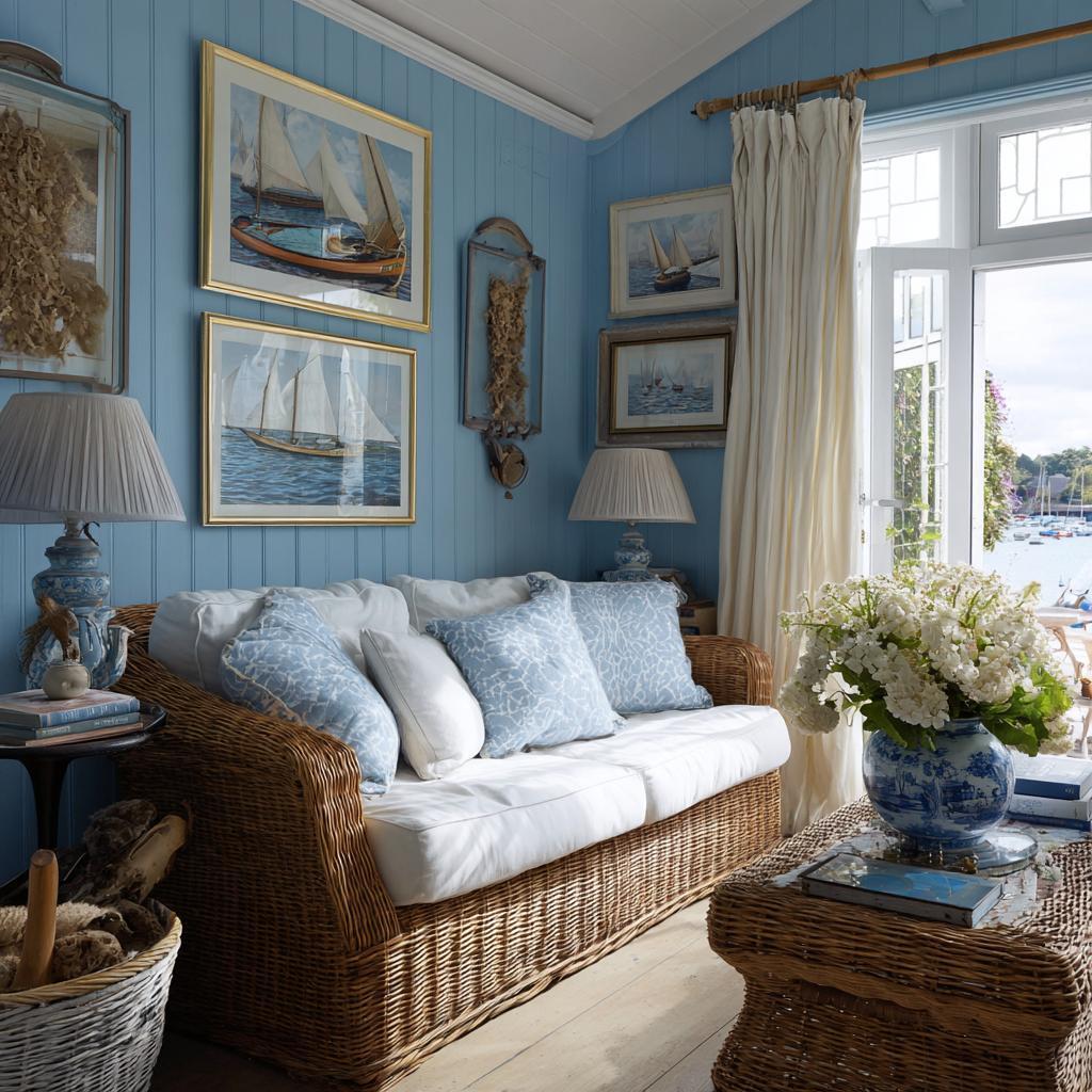 Light blue and green combination coastal living room