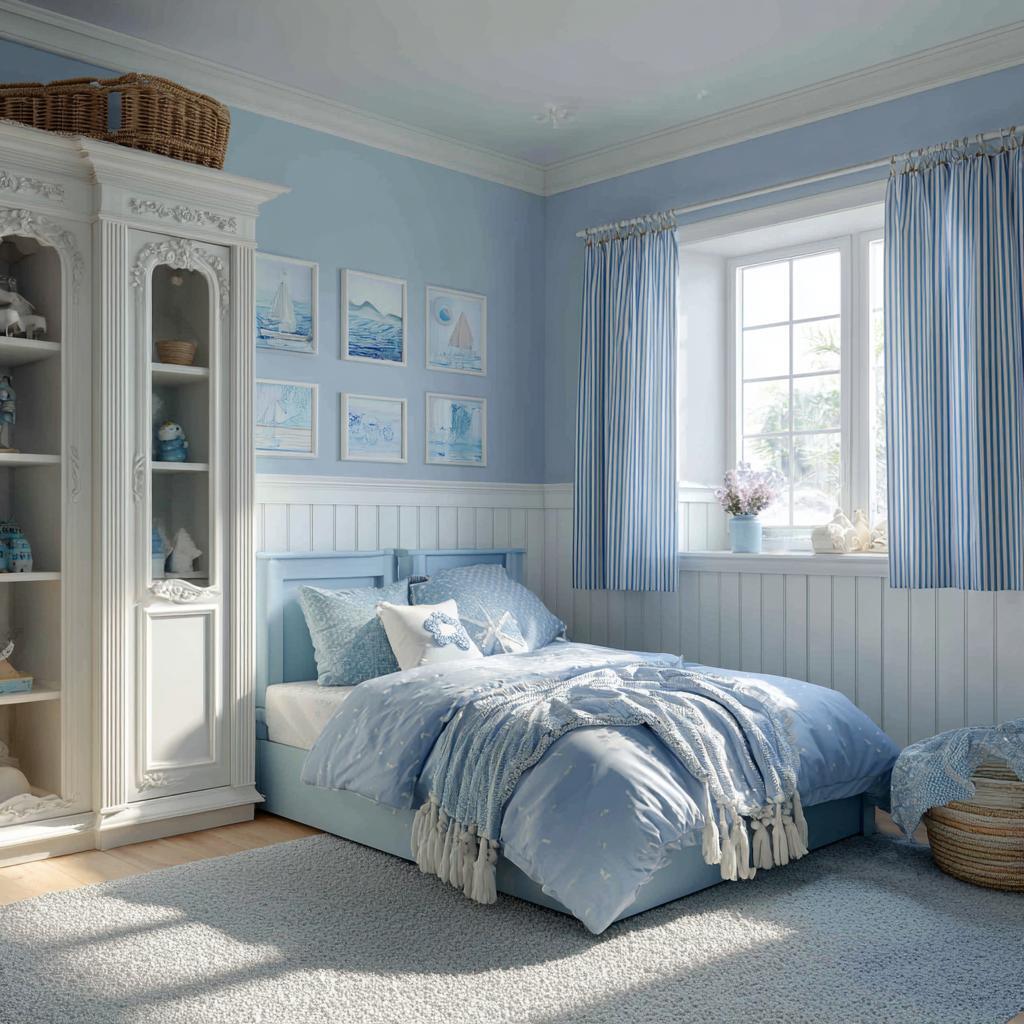Light blue and pink combination cozy bedroom interior