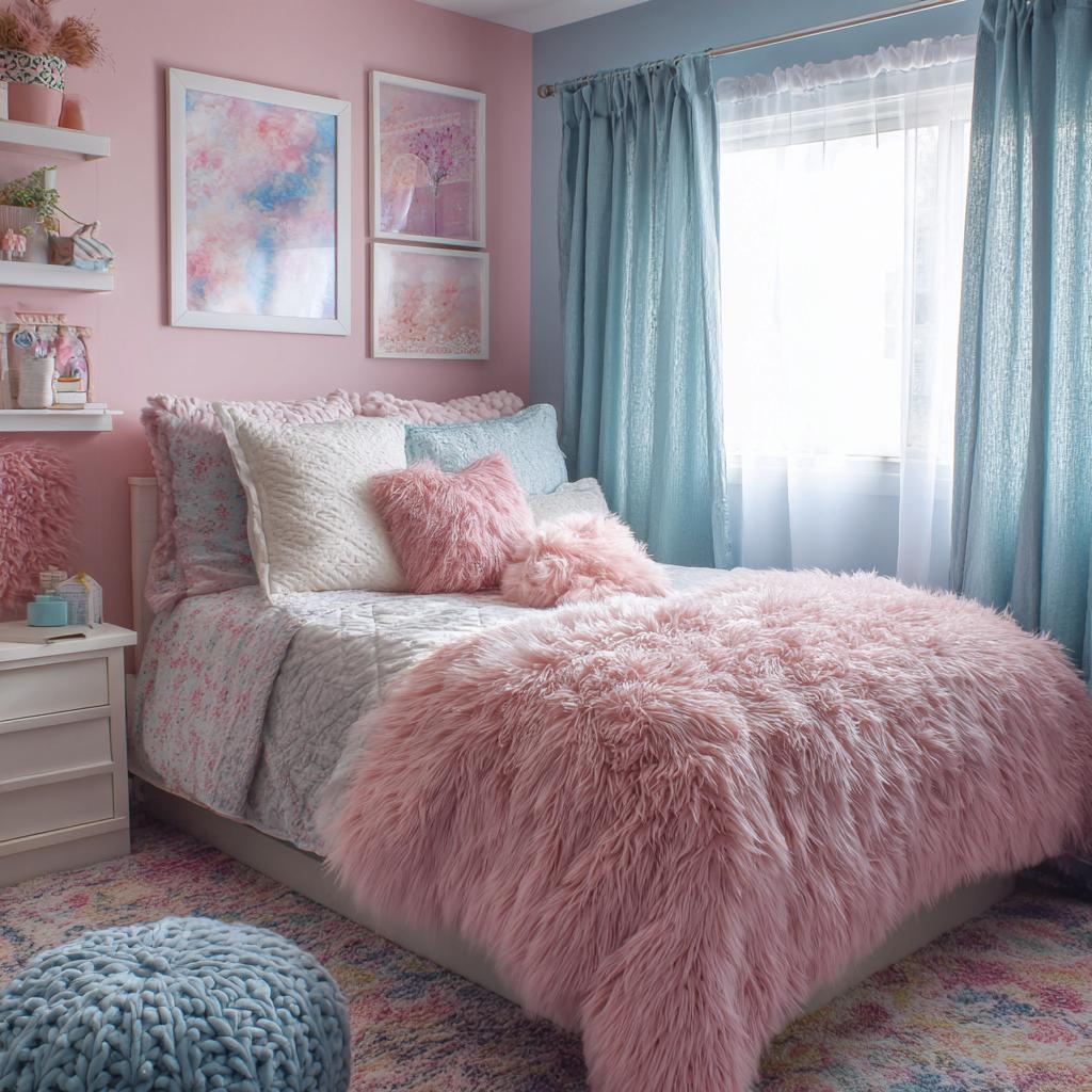 Light blue and pink combination cozy pastel bedroom decor