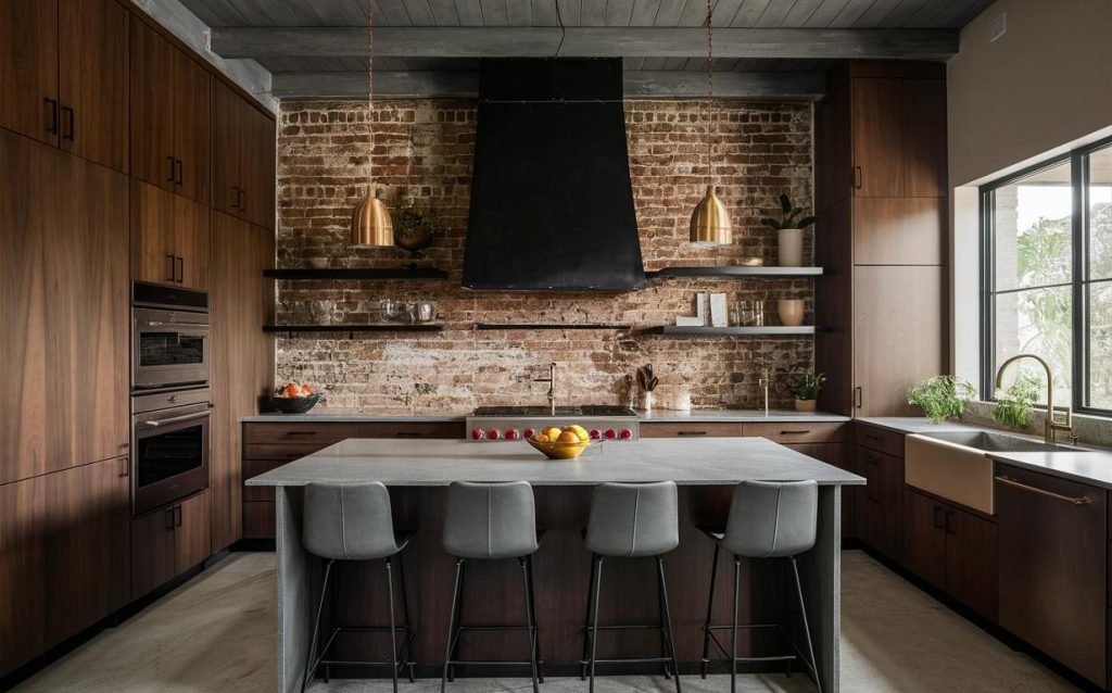 Contemporary rustic kitchen design with brick backsplash, wood cabinets, and sleek island