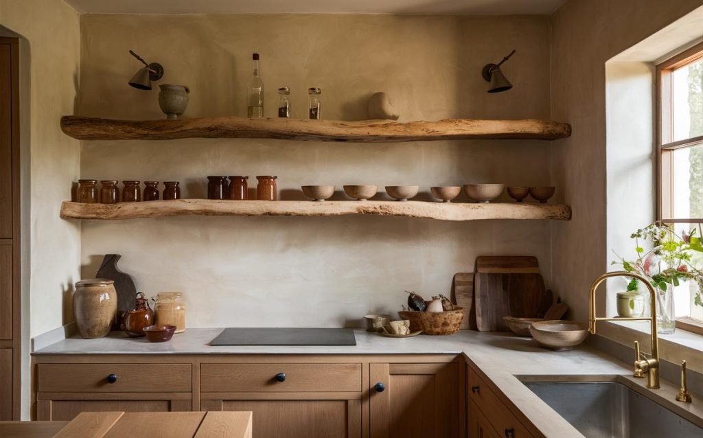Minimalist rustic kitchen cabinet designs with floating wood shelves and natural textures
