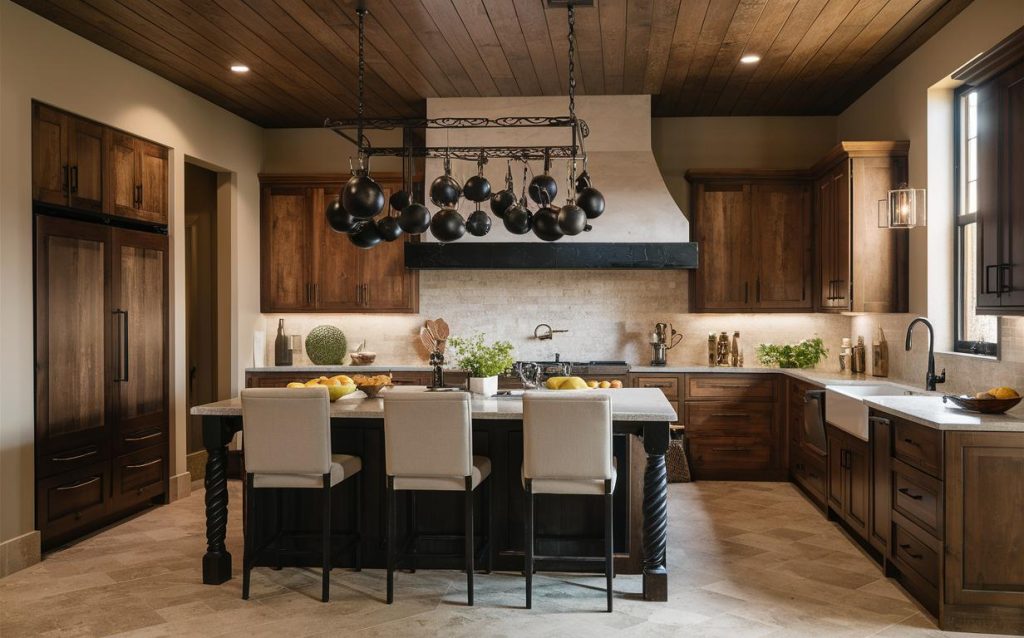Luxury rustic kitchen design ideas with dark wood cabinets and statement island lighting