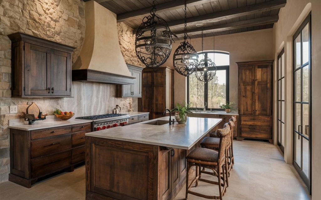 Luxury rustic elegant kitchen design with stone walls wood cabinets and grand island