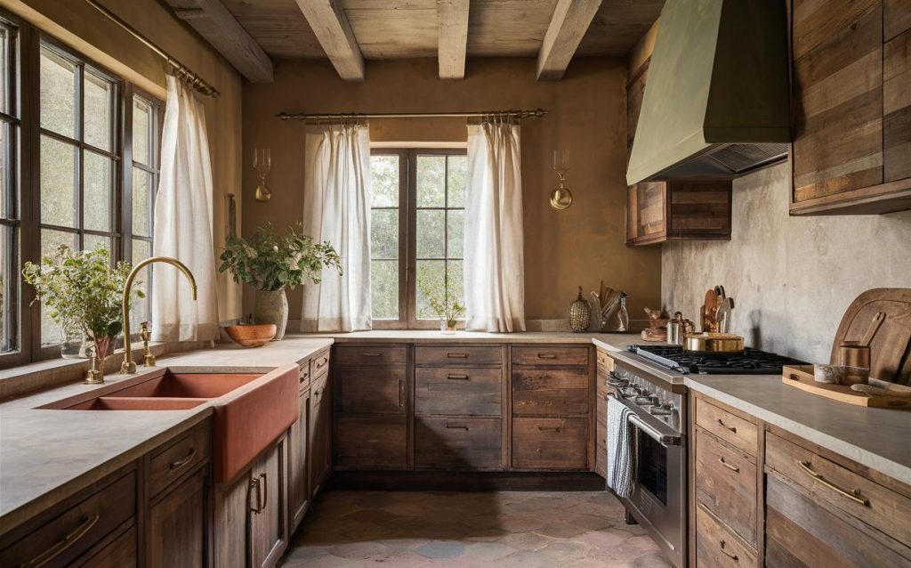 Elegant rustic kitchen design with wood cabinets, farmhouse sink, and warm natural light
