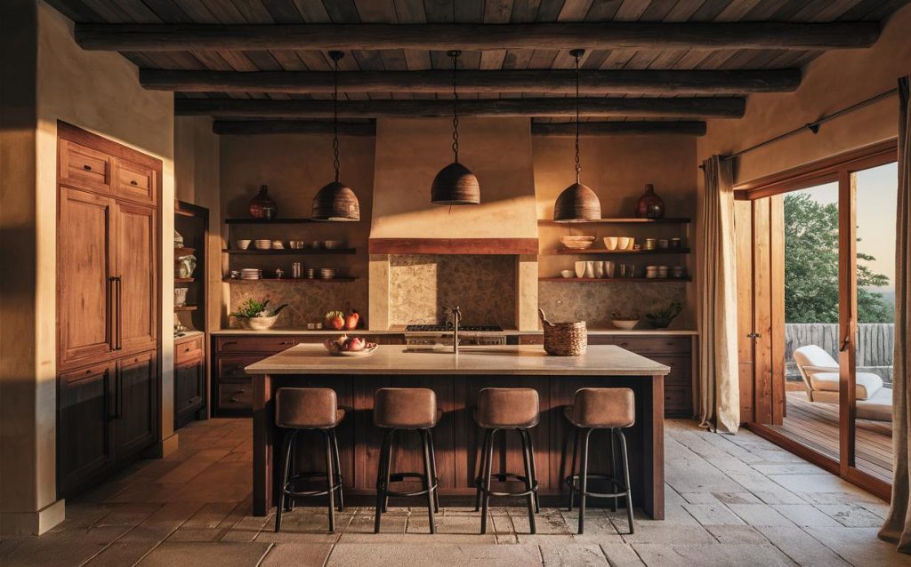 Inviting rustic italian kitchen design ideas with wooden beams and warm island seating