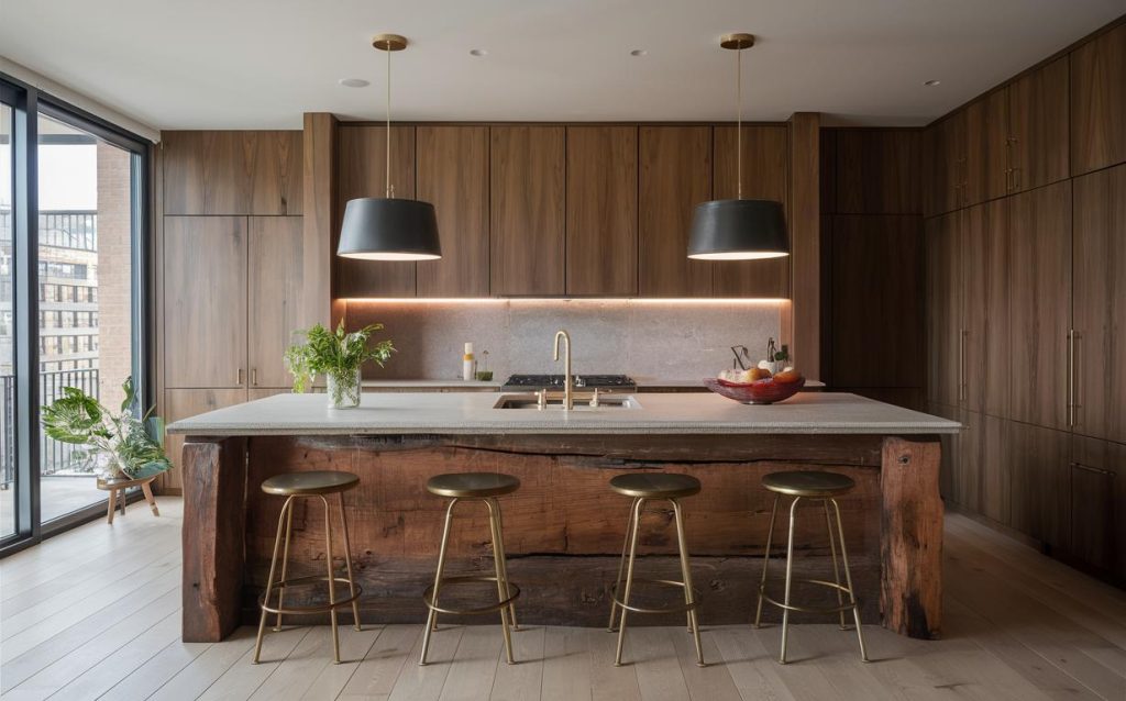 Modern rustic kitchen designs with wood cabinetry, island seating and warm pendant lighting
