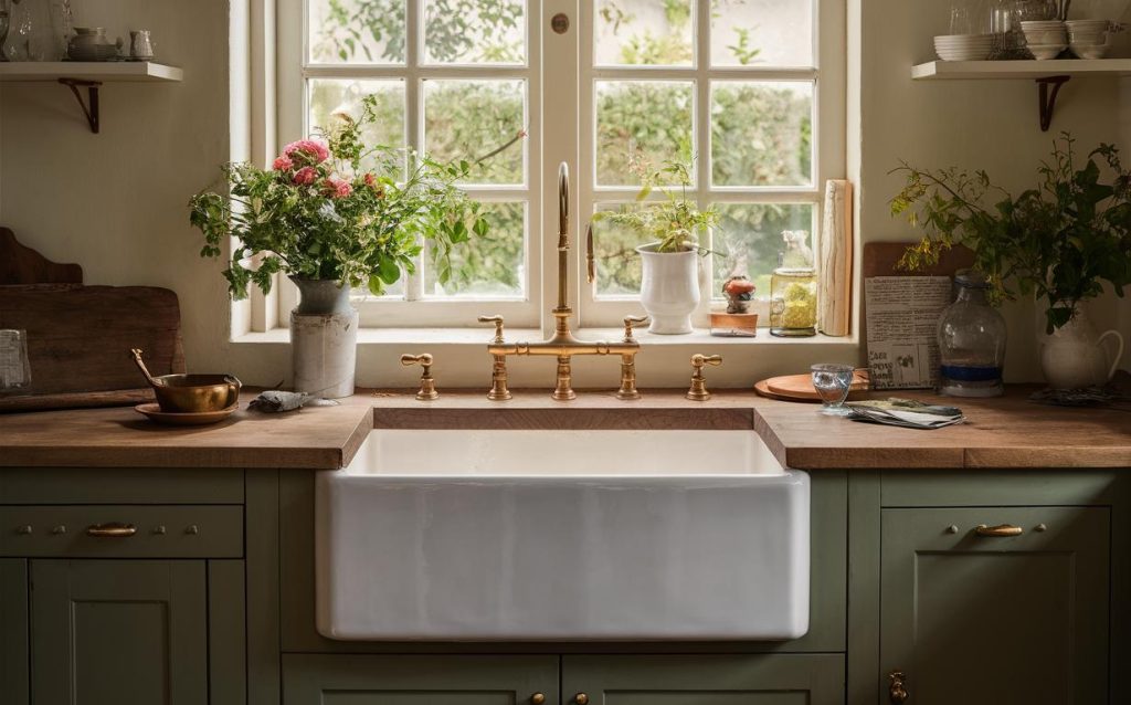 Charming rustic interior design kitchen with farmhouse sink and brass faucet by window