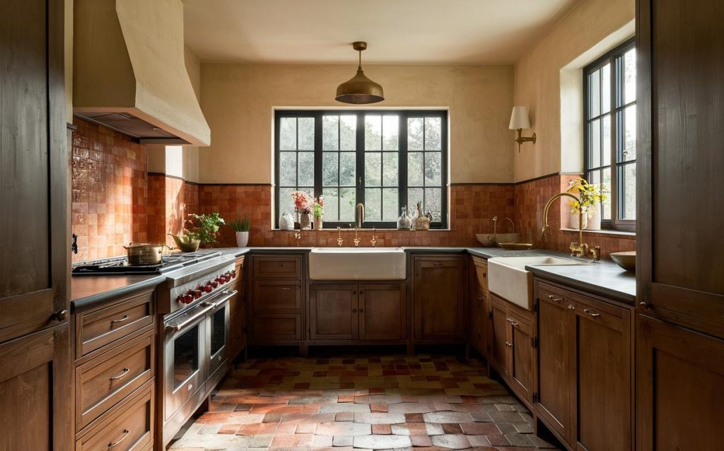 Charming rustic country kitchen designs with terracotta flooring and farmhouse sink
