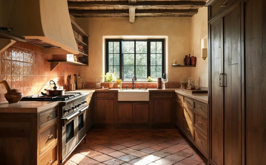 Rustic italian kitchen design with wood cabinetry, terracotta tiles, and farmhouse sink