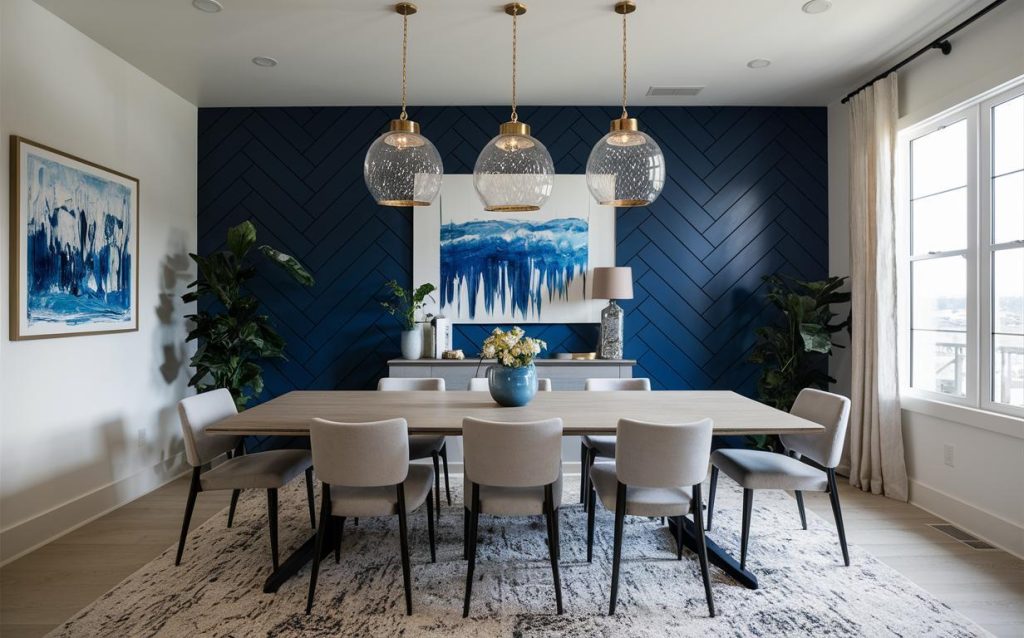 Modern paintings for dining room with navy accent wall and abstract blue artwork