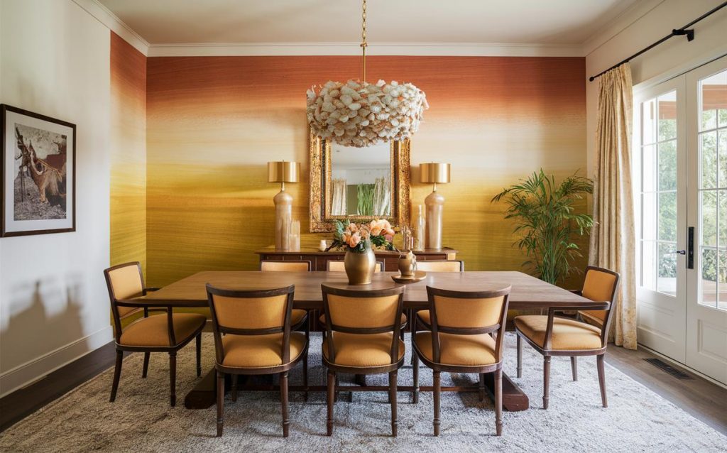 Stunning dining room wall art painting in sunset ombre tones with elegant chandelier