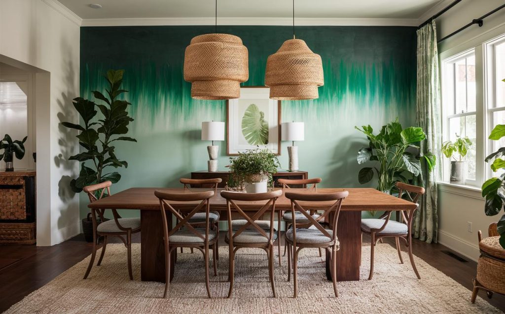 Elegant dining room wall painting in green ombre with natural wood furniture
