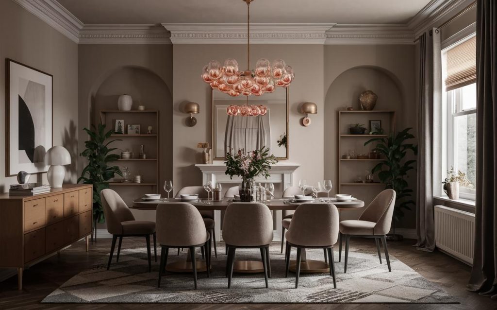 Dining room paint design with soft neutral walls and statement glass chandelier