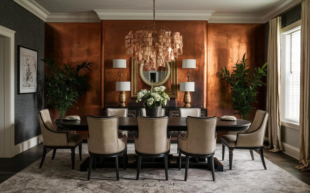 Luxurious best color to paint dining room in rich copper tones with elegant chandelier