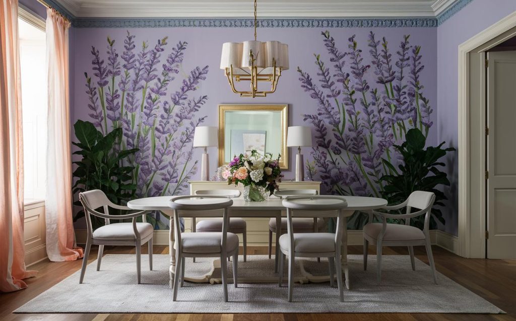 Elegant wall painting designs pictures for dining room with lavender floral mural