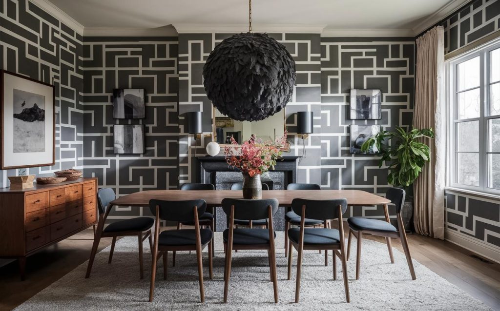 Stylish dining room wall paint designs with bold geometric pattern and black statement light