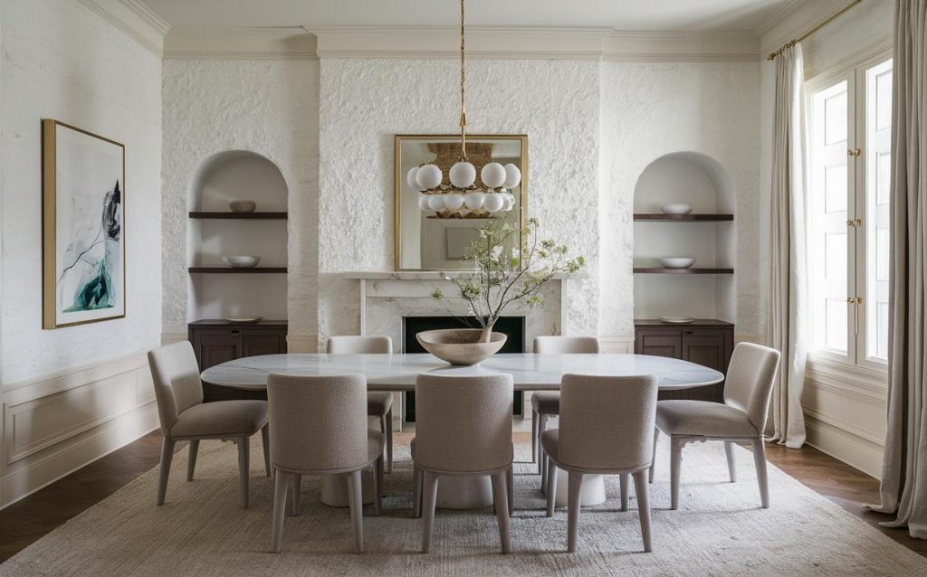 Elegant small dining room paint colors in soft white with textured accent wall