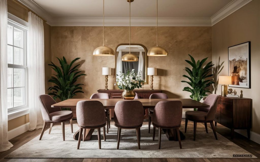 Elegant dining room wall paint ideas with warm beige tones and gold pendant lighting