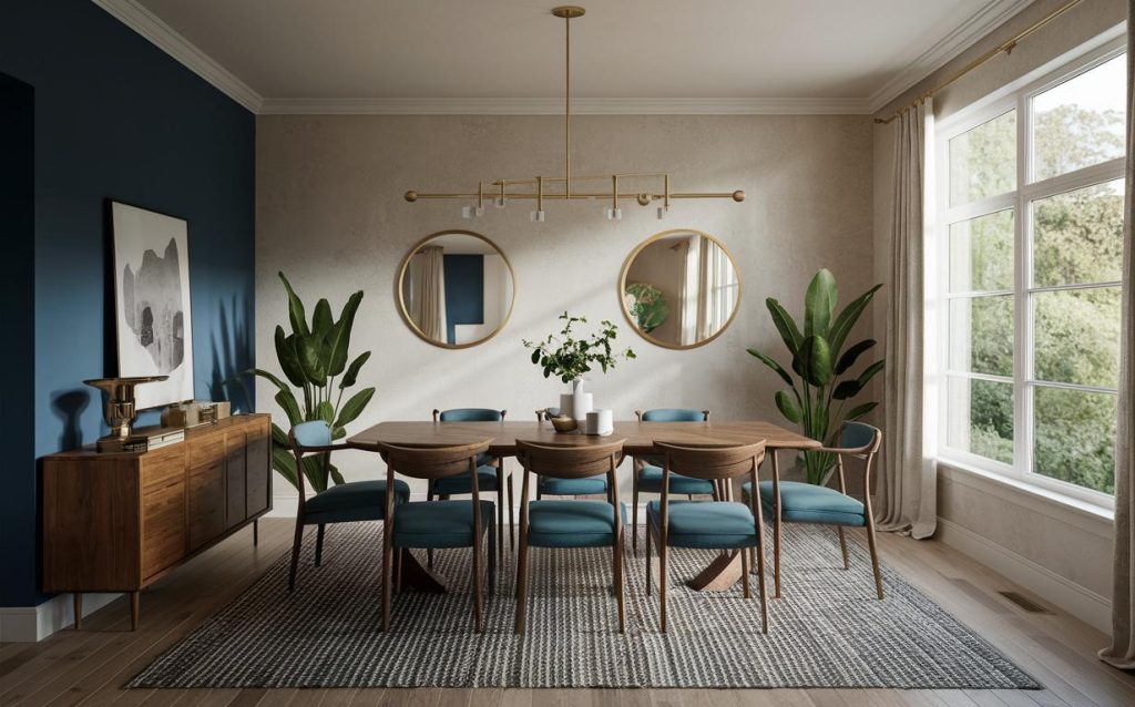 Modern dining room paint ideas with accent wall in deep blue and soft beige tones