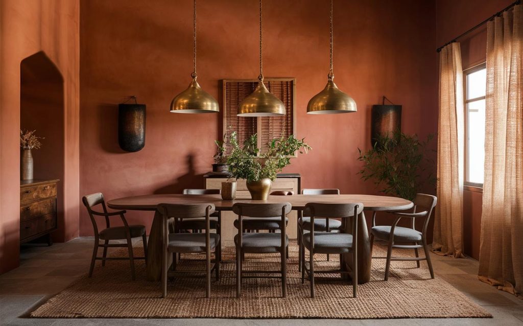 Stylish dining room paint colors in warm terracotta with brass pendant lighting