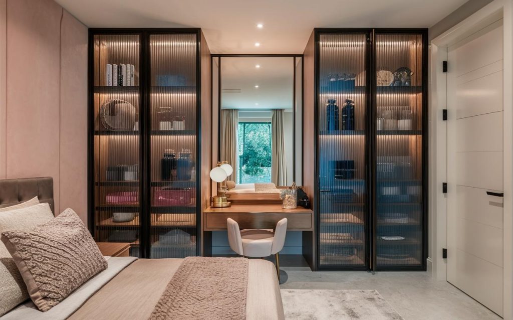 Latest design of cupboard with dressing featuring glass wardrobes and modern vanity setup