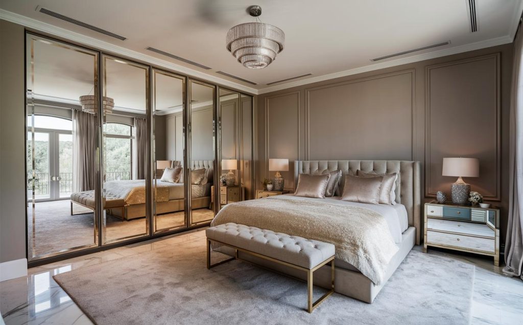 Luxurious cupboard design in bedroom with dressing table featuring mirrored wardrobes and elegant interior