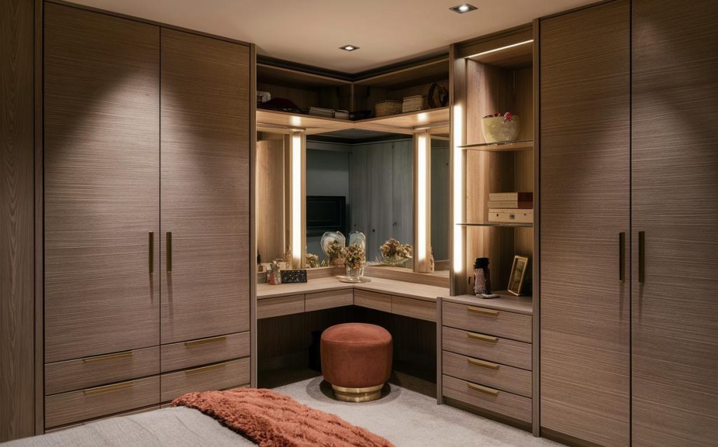 Stylish cupboard dressing table design with corner vanity, wooden storage units and warm lighting