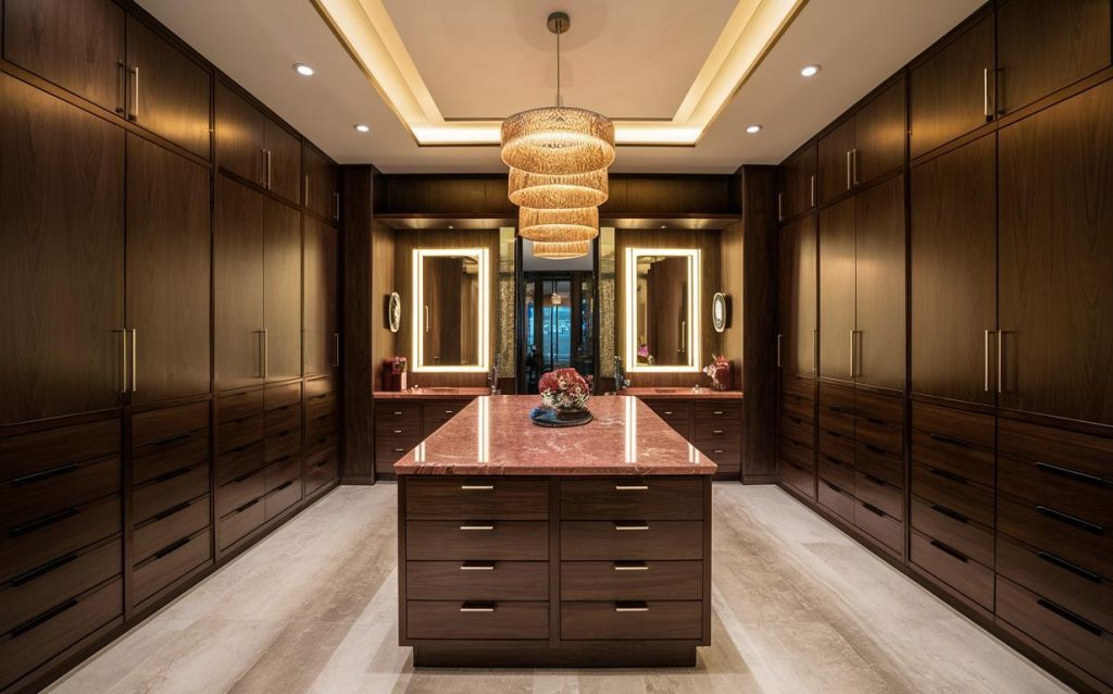 Luxury cupboard design for dressing room featuring spacious wooden wardrobes, island storage and mirror setup