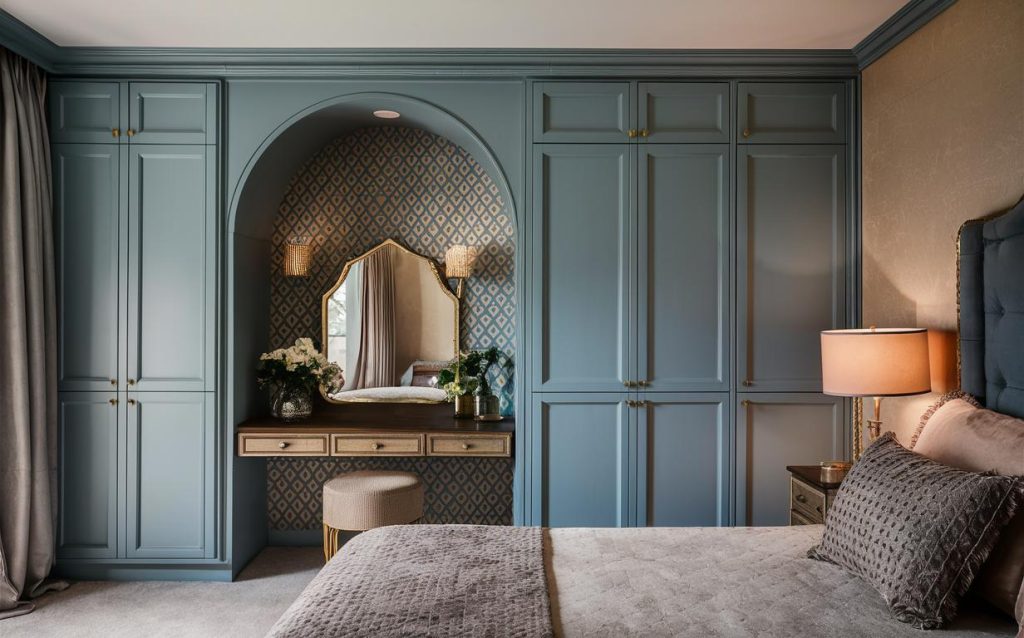 Classic bedroom cupboard design with dressing table featuring arched vanity and elegant blue cabinetry