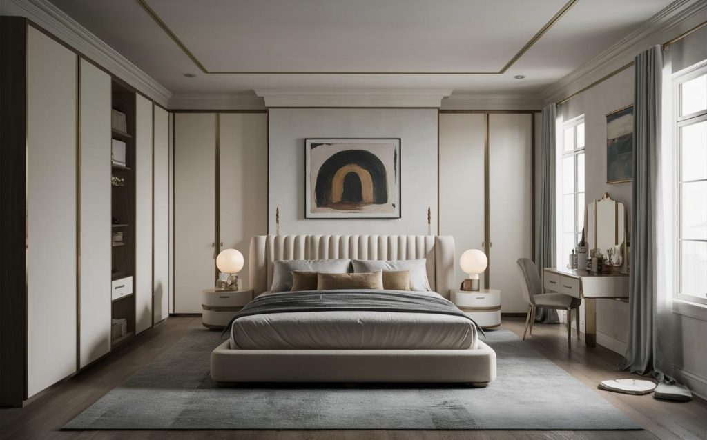 Elegant cupboard design in bedroom with dressing table featuring sleek white wardrobe and modern vanity