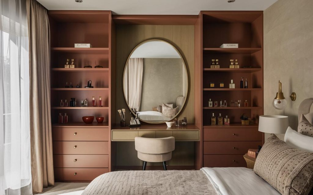 Elegant cupboard with dressing table design featuring open shelves, round mirror and stylish vanity setup