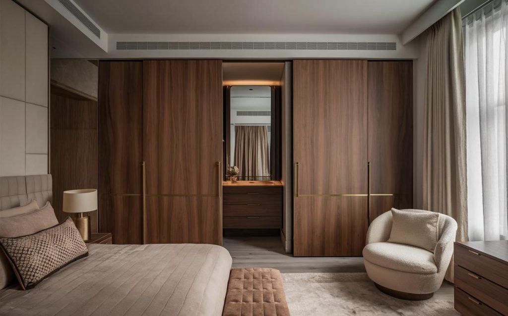 Luxury modern bedroom cupboard designs with dressing table featuring wooden wardrobe and sleek mirror setup