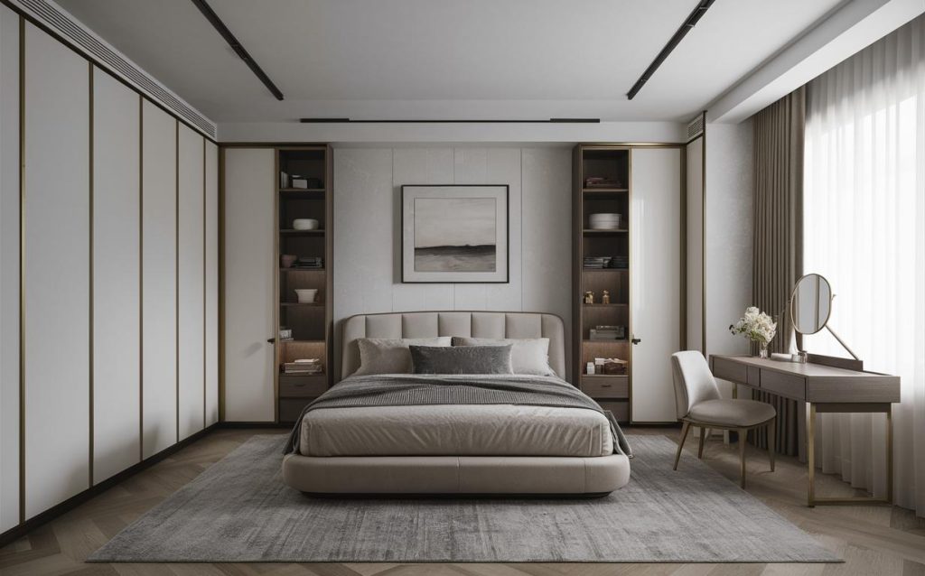Minimalist cupboard designs for bedroom with dressing featuring sleek wardrobe and elegant vanity setup
